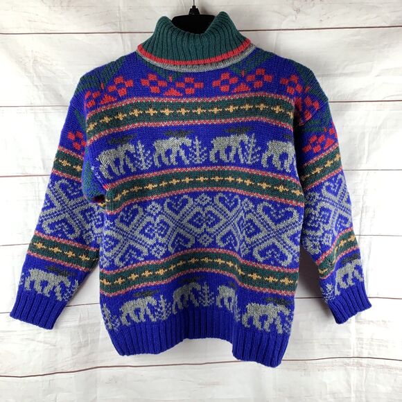 Eddie Bauer Sweater Pullover Vintage Wool turtleneck Deer Animals Geometric Aran - Picture 1 of 16